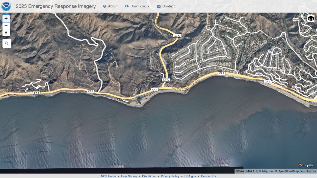 Post-fire aerial context of the Pacific Palisades and Malibu coastline near Topanga Canyon