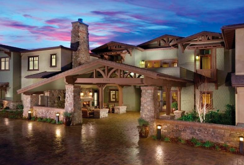 Westmont of Morgan Hill covered entry at dusk